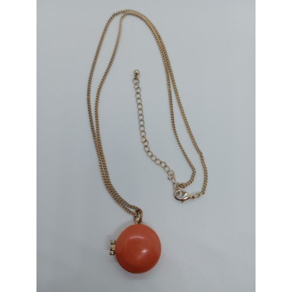 Vintage Red Orange Enamel Locke Pendant Gold Tone 24-27" Chain Necklace - Picture 2 of 7